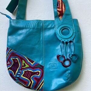 Vintage Arte Kuna Colombia Turquoise Genuine Leather Patchwork Crossbody Bag
